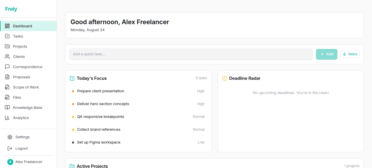 Frely dashboard: Today's Focus tasks, Deadline Radar and Active Projects